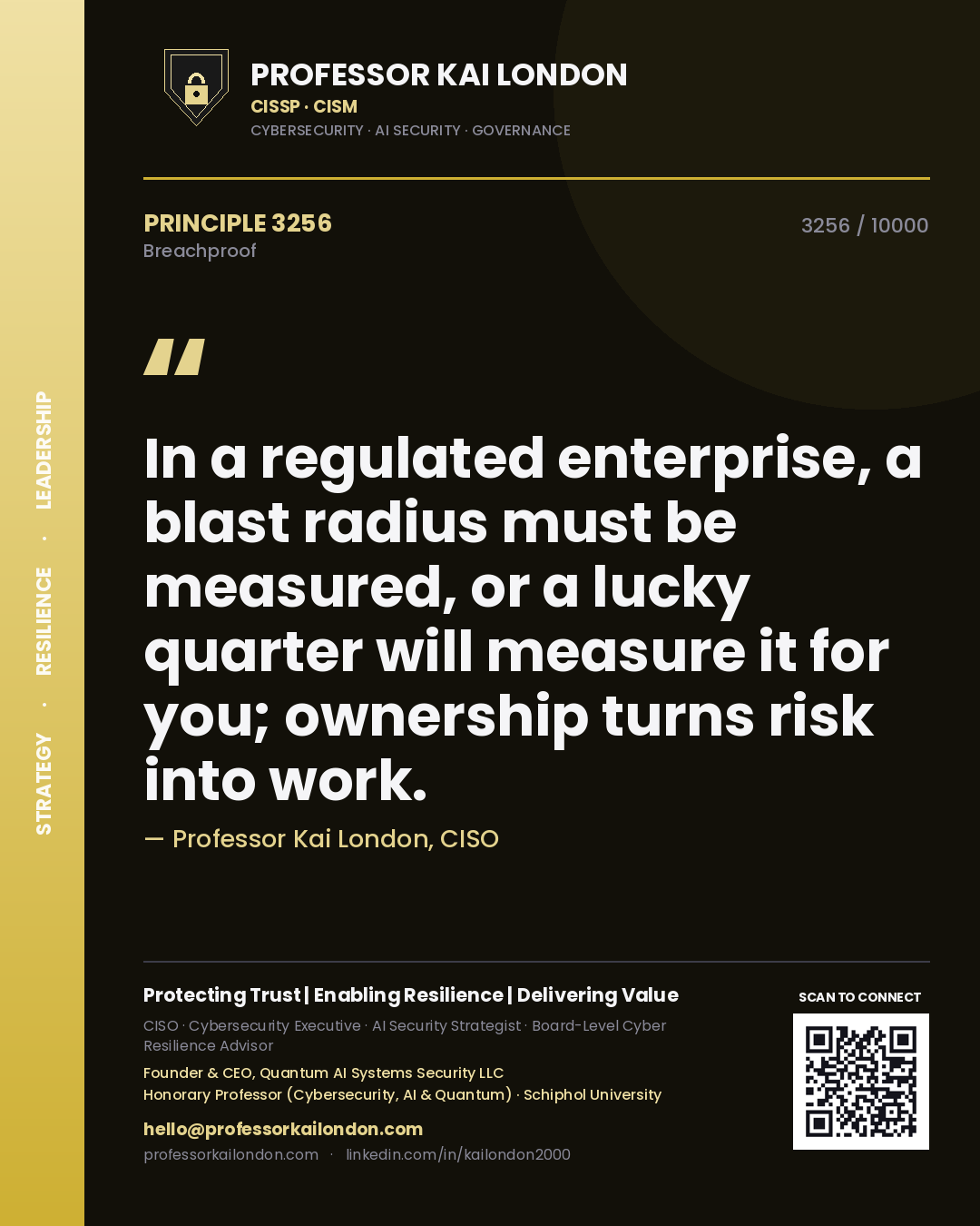 Quote card by Professor Kai London reading 'In a regulated enterprise, a blast radius must be measured, or a lucky quarter will measure it for you; ownership turns risk into work.'. From the book Breachproof.