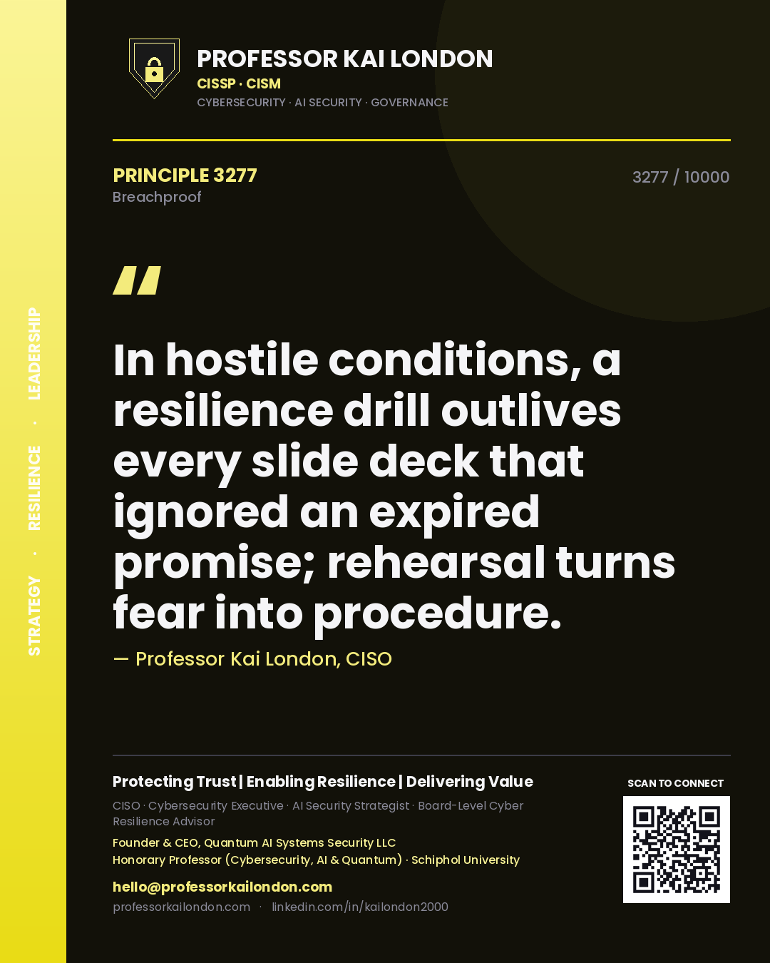 Quote card by Professor Kai London reading 'In hostile conditions, a resilience drill outlives every slide deck that ignored an expired promise; rehearsal turns fear into procedure.'. From the book Breachproof.