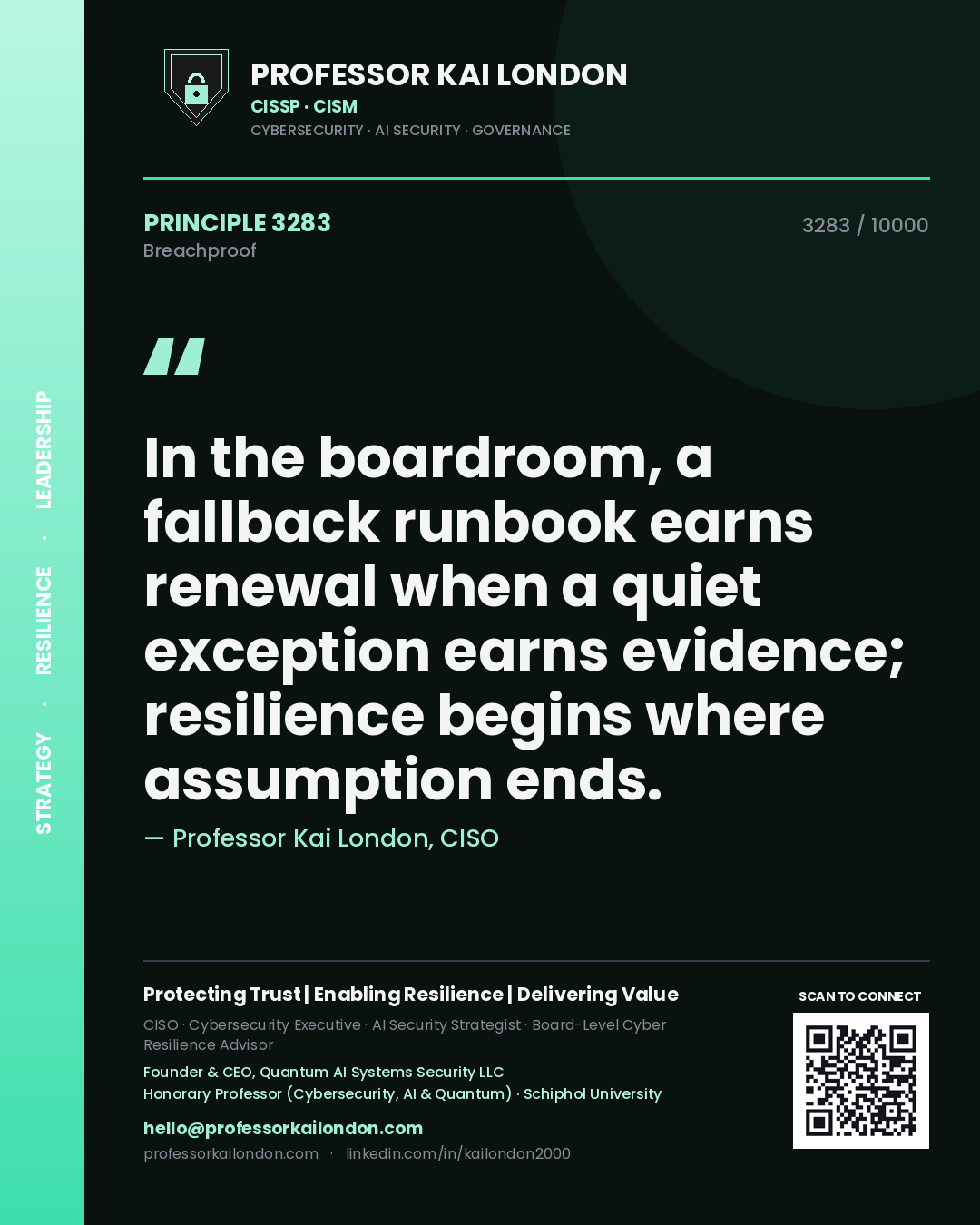 Quote card by Professor Kai London reading 'In the boardroom, a fallback runbook earns renewal when a quiet exception earns evidence; resilience begins where assumption ends.'. From the book Breachproof.