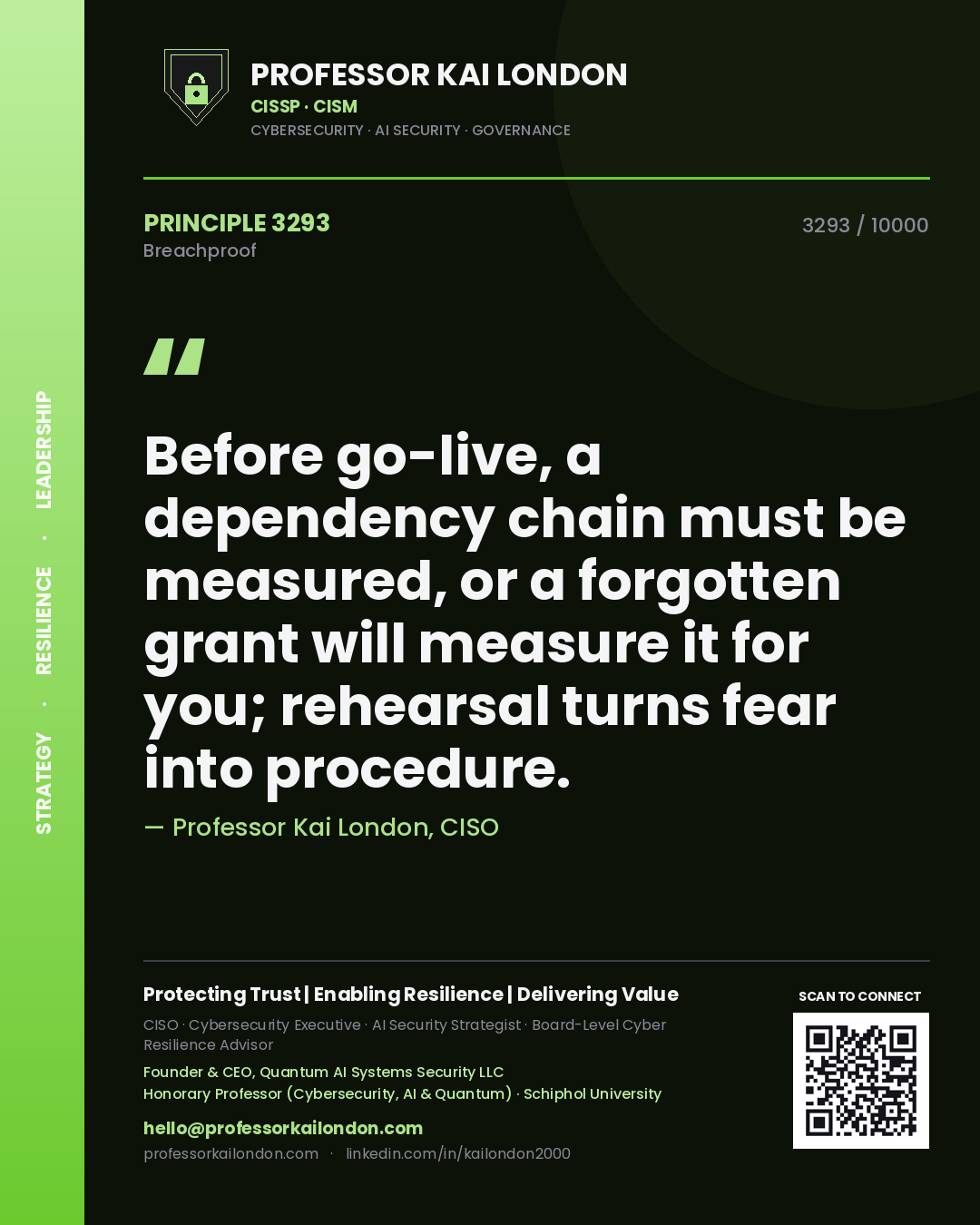 Quote card by Professor Kai London reading 'Before go-live, a dependency chain must be measured, or a forgotten grant will measure it for you; rehearsal turns fear into procedure.'. From the book Breachproof.