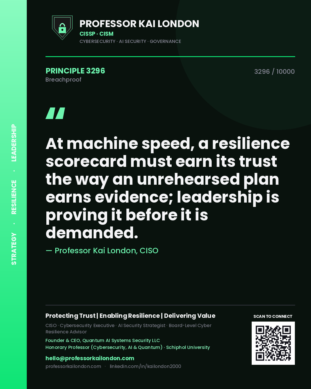 Quote card by Professor Kai London reading 'At machine speed, a resilience scorecard must earn its trust the way an unrehearsed plan earns evidence; leadership is proving it before it is demanded.'. From the book Breachproof.