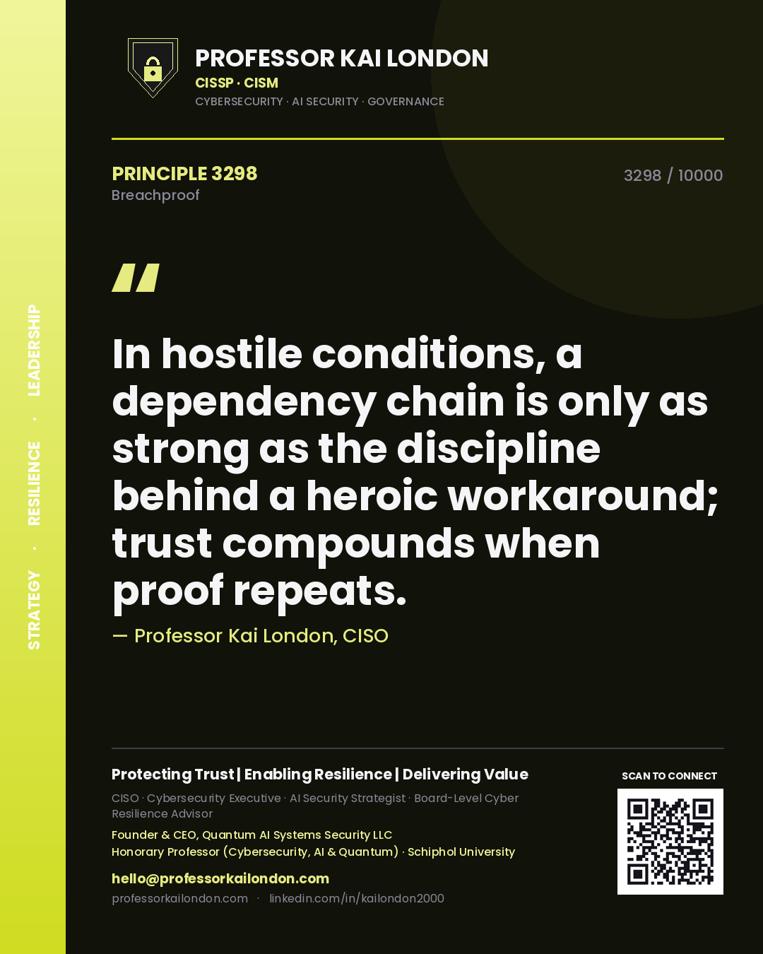 Quote card by Professor Kai London reading 'In hostile conditions, a dependency chain is only as strong as the discipline behind a heroic workaround; trust compounds when proof repeats.'. From the book Breachproof.