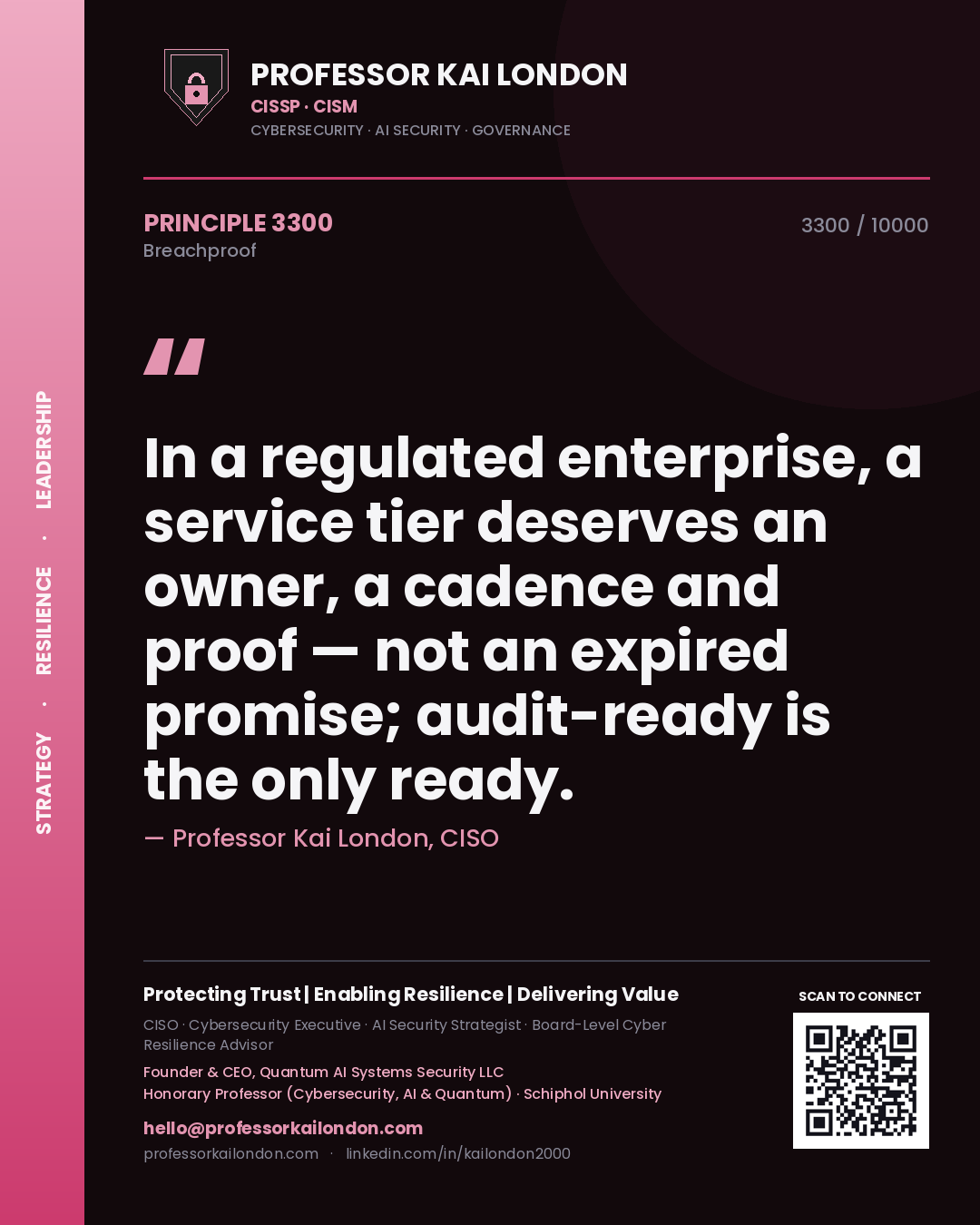 Professor Kai London principle 3300: In a regulated enterprise, a service tier deserves an owner, a cadence and proof — not an expired promise; audit-ready is the only ready.