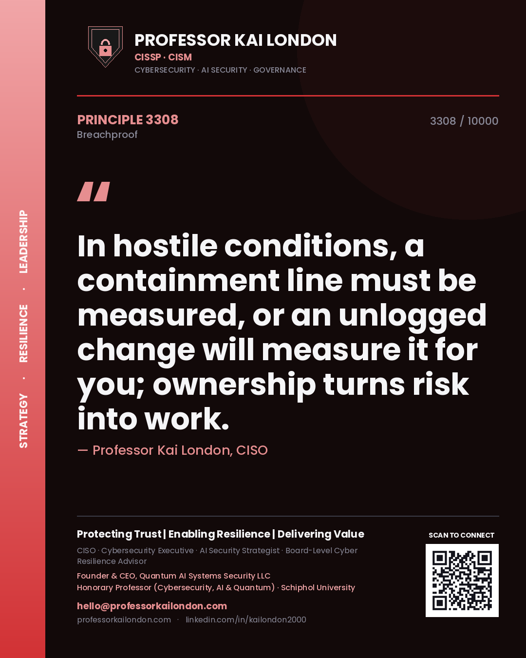 Quote card by Professor Kai London reading 'In hostile conditions, a containment line must be measured, or an unlogged change will measure it for you; ownership turns risk into work.'. From the book Breachproof.