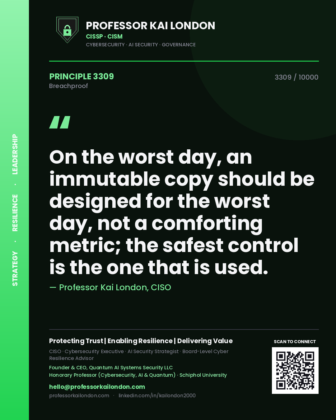 Quote card by Professor Kai London reading 'On the worst day, an immutable copy should be designed for the worst day, not a comforting metric; the safest control is the one that is used.'. From the book Breachproof.