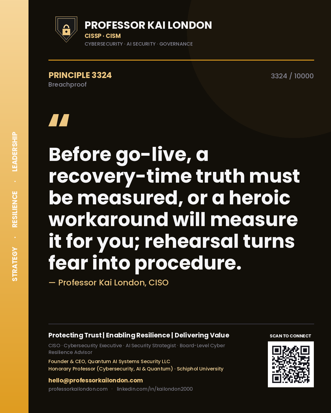 Quote card by Professor Kai London reading 'Before go-live, a recovery-time truth must be measured, or a heroic workaround will measure it for you; rehearsal turns fear into procedure.'. From the book Breachproof.