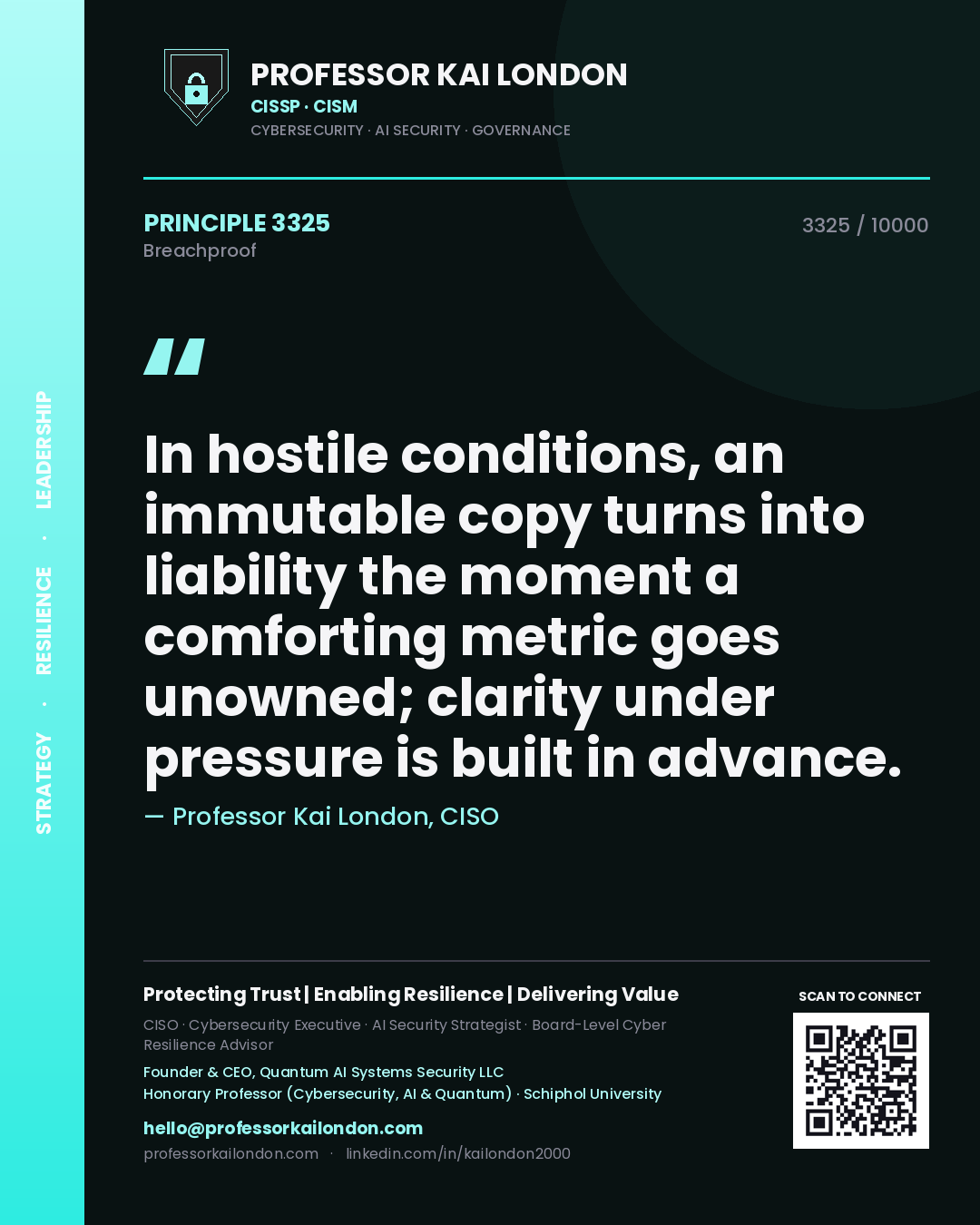 Quote card by Professor Kai London reading 'In hostile conditions, an immutable copy turns into liability the moment a comforting metric goes unowned; clarity under pressure is built in advance.'. From the book Breachproof.
