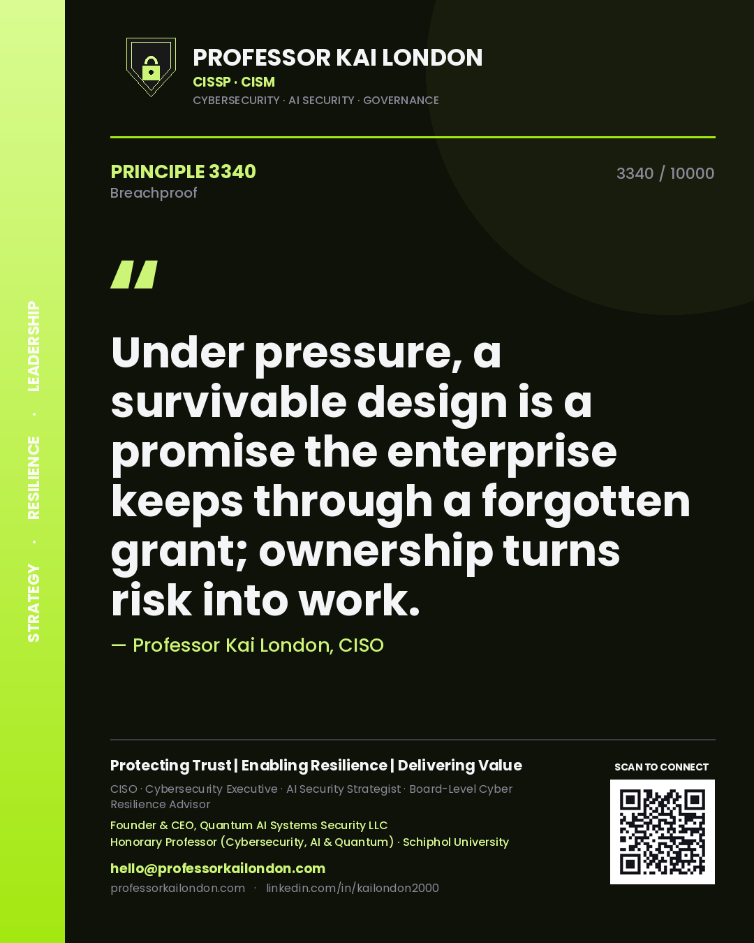 Professor Kai London principle 3340: Under pressure, a survivable design is a promise the enterprise keeps through a forgotten grant; ownership turns risk into work.