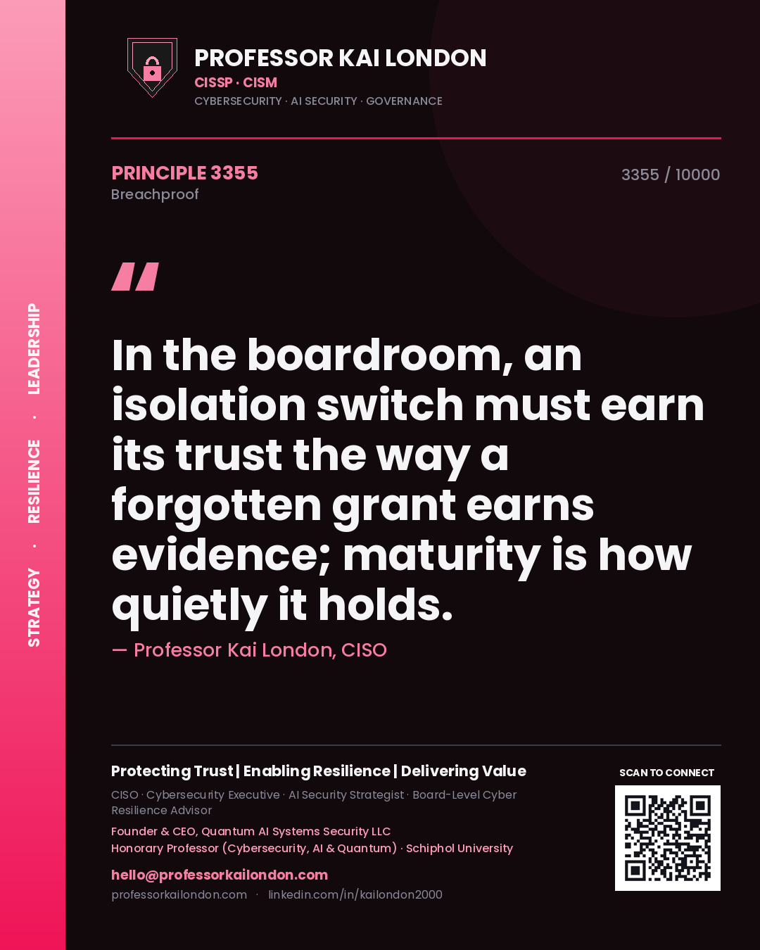 Quote card by Professor Kai London reading 'In the boardroom, an isolation switch must earn its trust the way a forgotten grant earns evidence; maturity is how quietly it holds.'. From the book Breachproof.