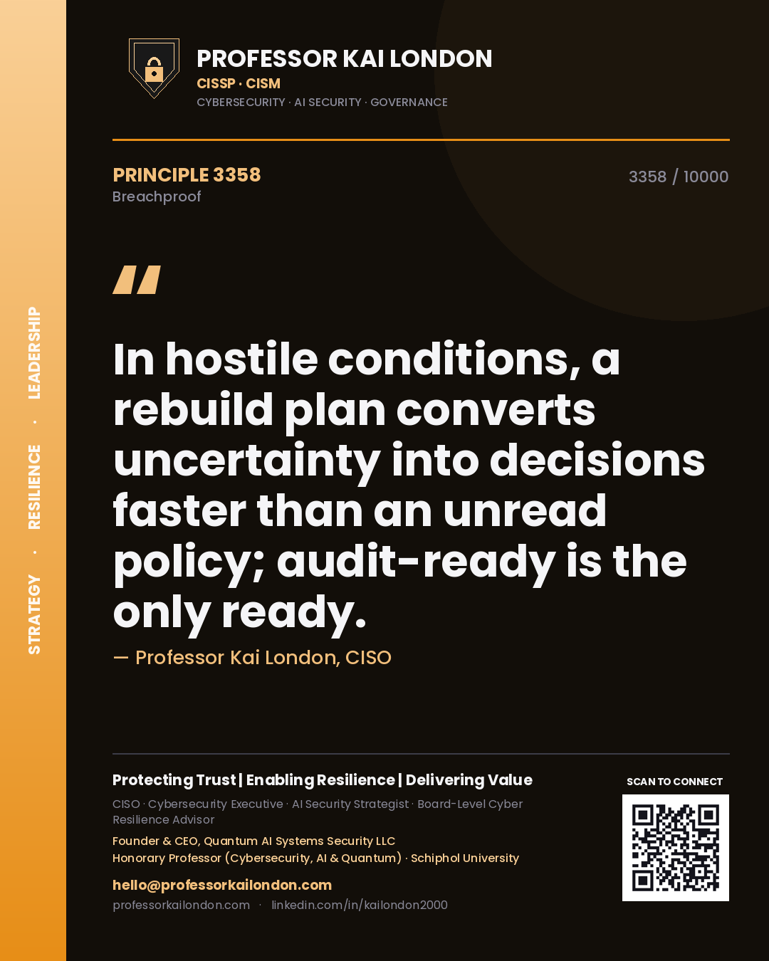 Quote card by Professor Kai London reading 'In hostile conditions, a rebuild plan converts uncertainty into decisions faster than an unread policy; audit-ready is the only ready.'. From the book Breachproof.