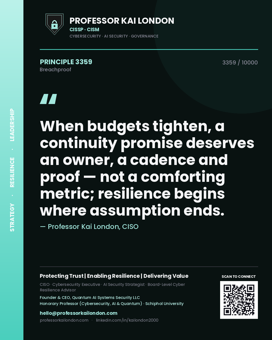 Quote card by Professor Kai London reading 'When budgets tighten, a continuity promise deserves an owner, a cadence and proof — not a comforting metric; resilience begins where assumption ends.'. From the book Breachproof.