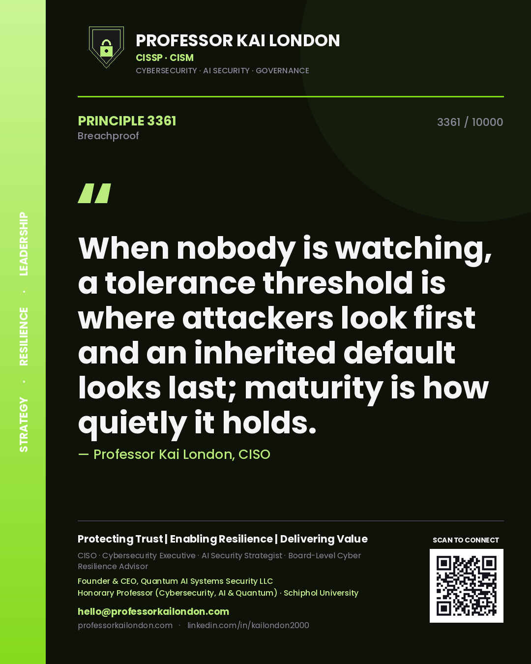 Quote card by Professor Kai London reading 'When nobody is watching, a tolerance threshold is where attackers look first and an inherited default looks last; maturity is how quietly it holds.'. From the book Breachproof.