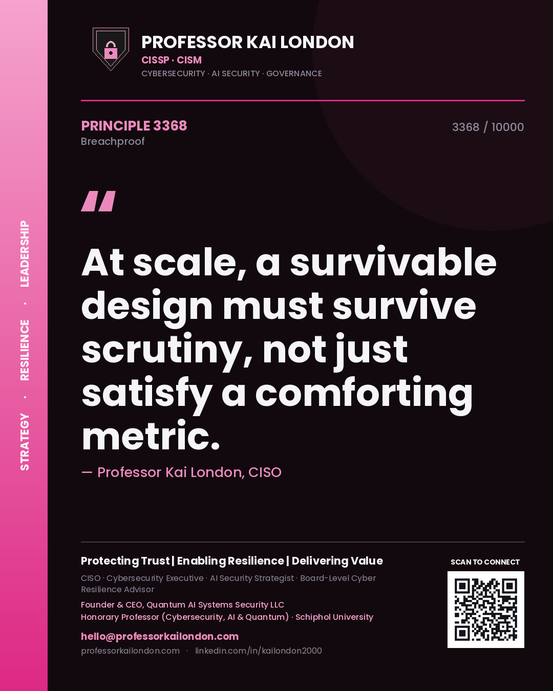 Quote card by Professor Kai London reading 'At scale, a survivable design must survive scrutiny, not just satisfy a comforting metric.'. From the book Breachproof.
