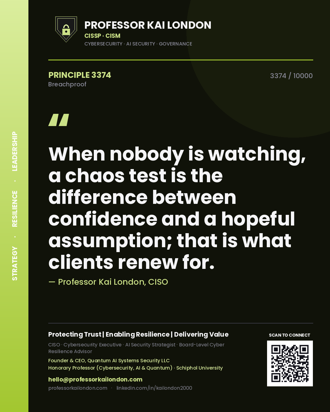 Professor Kai London principle 3374: When nobody is watching, a chaos test is the difference between confidence and a hopeful assumption; that is what clients renew for.