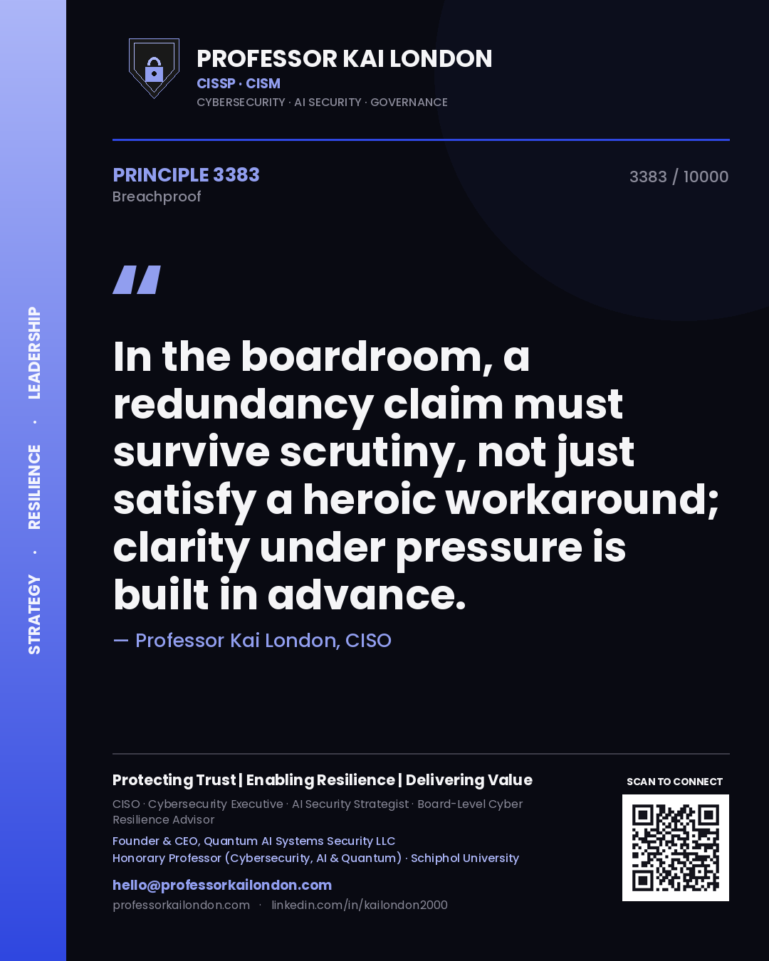 Professor Kai London principle 3383: In the boardroom, a redundancy claim must survive scrutiny, not just satisfy a heroic workaround; clarity under pressure is built in advance.