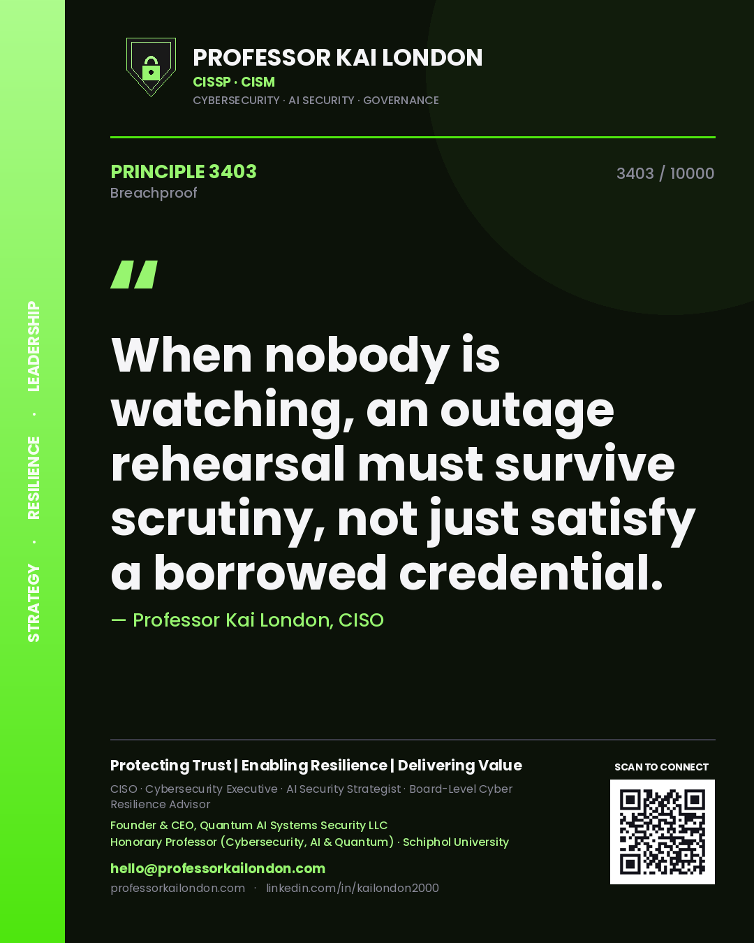 Quote card by Professor Kai London reading 'When nobody is watching, an outage rehearsal must survive scrutiny, not just satisfy a borrowed credential.'. From the book Breachproof.