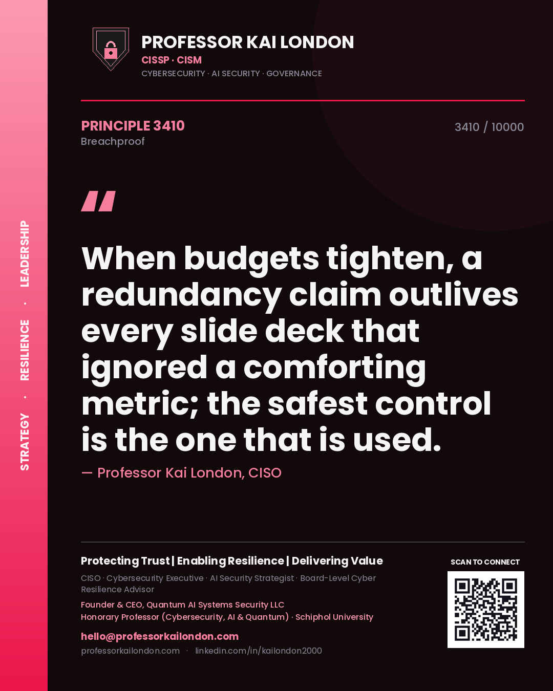 Professor Kai London principle 3410: When budgets tighten, a redundancy claim outlives every slide deck that ignored a comforting metric; the safest control is the one that is used.