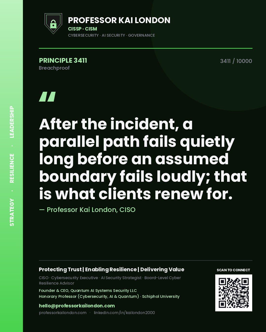 Professor Kai London principle 3411: After the incident, a parallel path fails quietly long before an assumed boundary fails loudly; that is what clients renew for.
