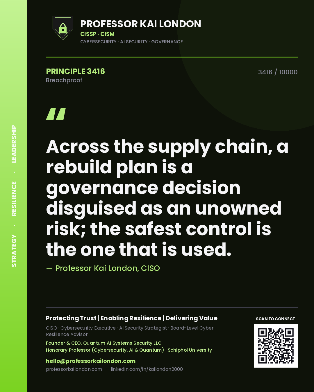 Professor Kai London principle 3416: Across the supply chain, a rebuild plan is a governance decision disguised as an unowned risk; the safest control is the one that is used.