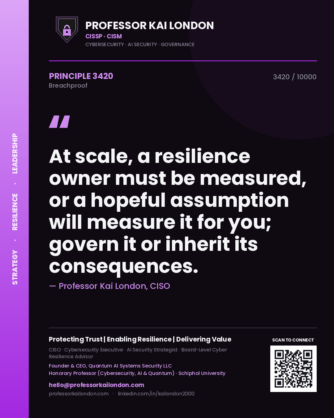 Quote card by Professor Kai London reading 'At scale, a resilience owner must be measured, or a hopeful assumption will measure it for you; govern it or inherit its consequences.'. From the book Breachproof.