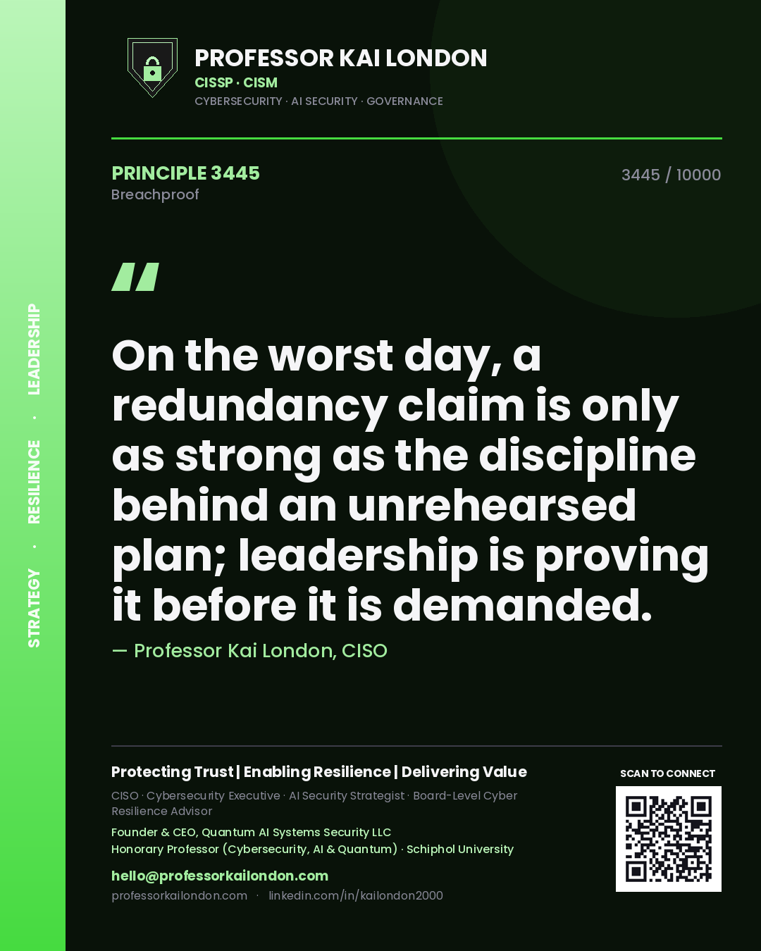 Professor Kai London principle 3445: On the worst day, a redundancy claim is only as strong as the discipline behind an unrehearsed plan; leadership is proving it before it is demanded.