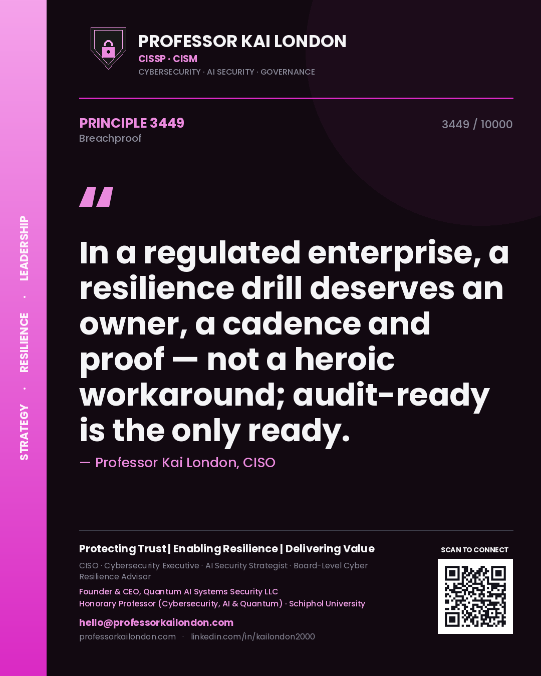 Professor Kai London principle 3449: In a regulated enterprise, a resilience drill deserves an owner, a cadence and proof — not a heroic workaround; audit-ready is the only ready.