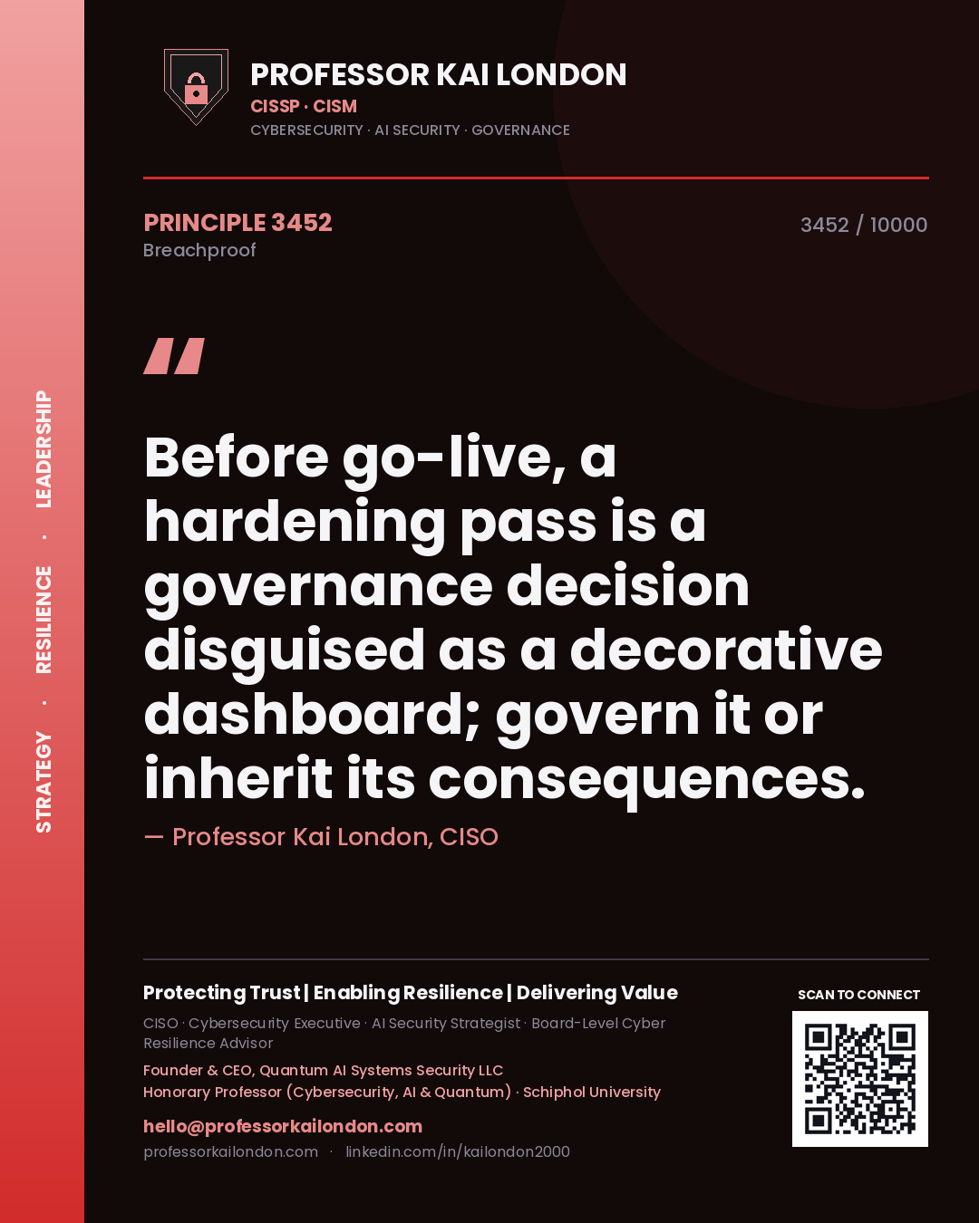 Professor Kai London principle 3452: Before go-live, a hardening pass is a governance decision disguised as a decorative dashboard; govern it or inherit its consequences.