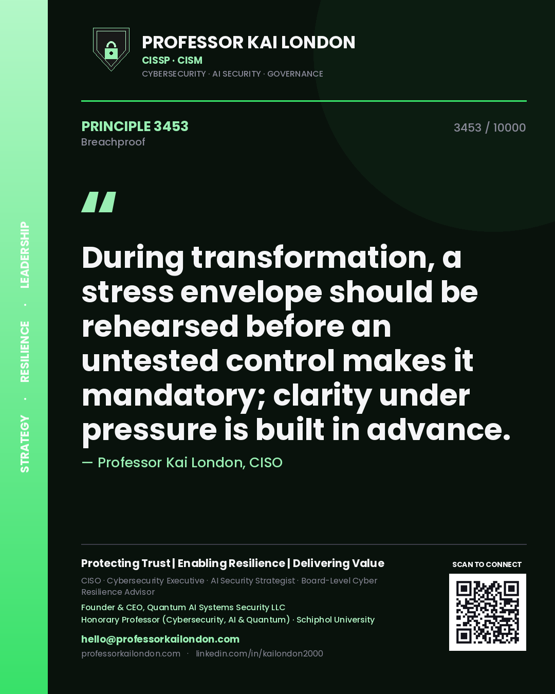 Professor Kai London principle 3453: During transformation, a stress envelope should be rehearsed before an untested control makes it mandatory; clarity under pressure is built in advance.