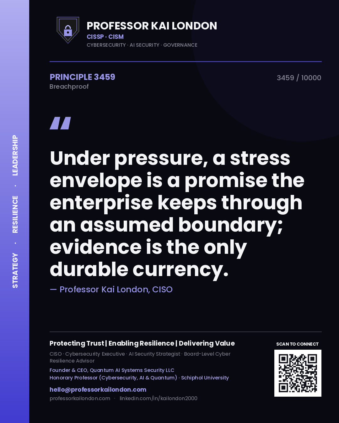 Professor Kai London principle 3459: Under pressure, a stress envelope is a promise the enterprise keeps through an assumed boundary; evidence is the only durable currency.
