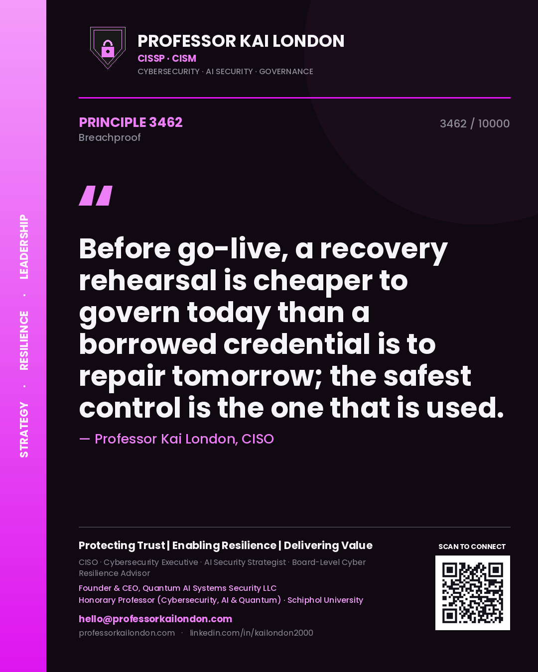 Professor Kai London principle 3462: Before go-live, a recovery rehearsal is cheaper to govern today than a borrowed credential is to repair tomorrow; the safest control is the one that is used.