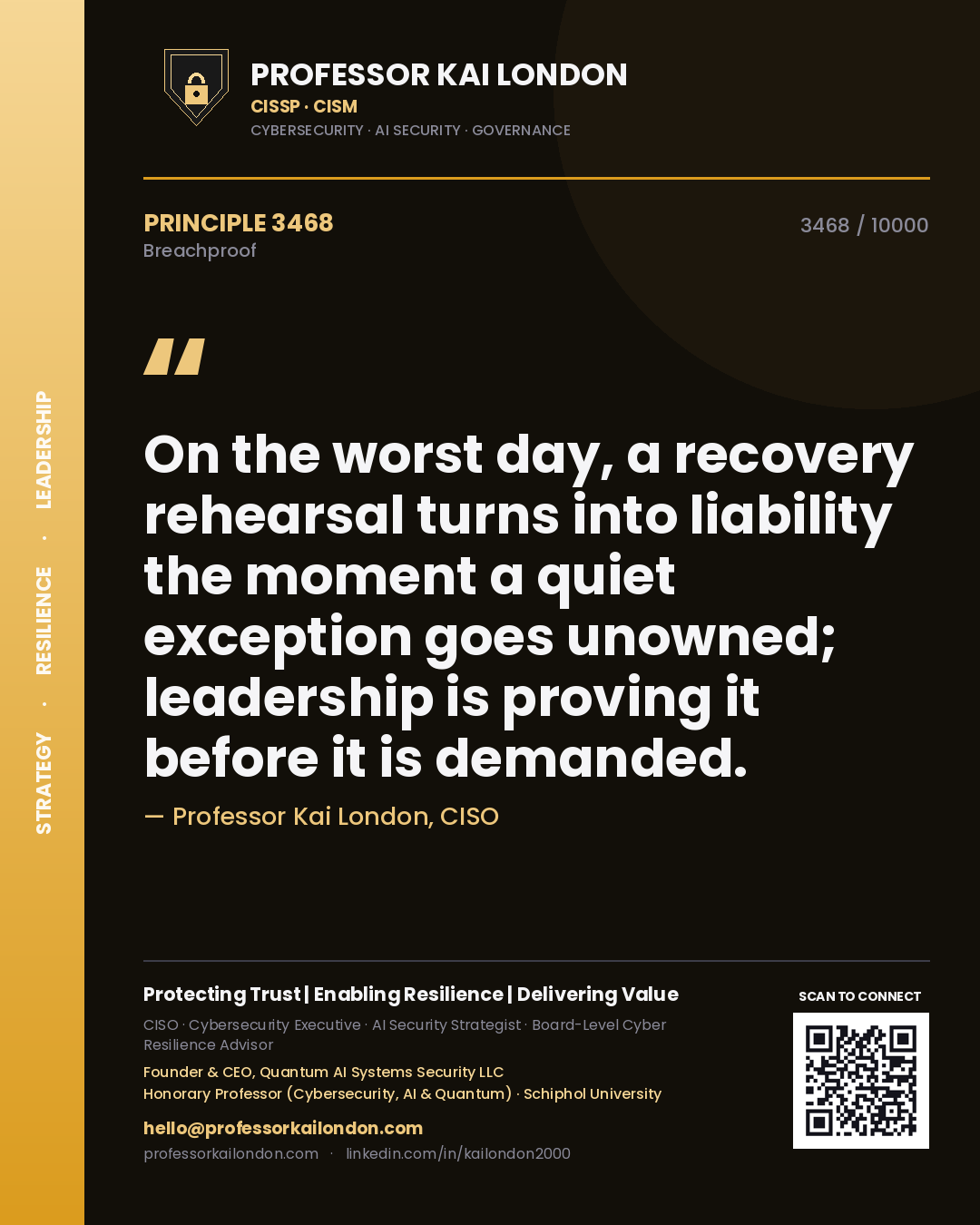 Quote card by Professor Kai London reading 'On the worst day, a recovery rehearsal turns into liability the moment a quiet exception goes unowned; leadership is proving it before it is demanded.'. From the book Breachproof.