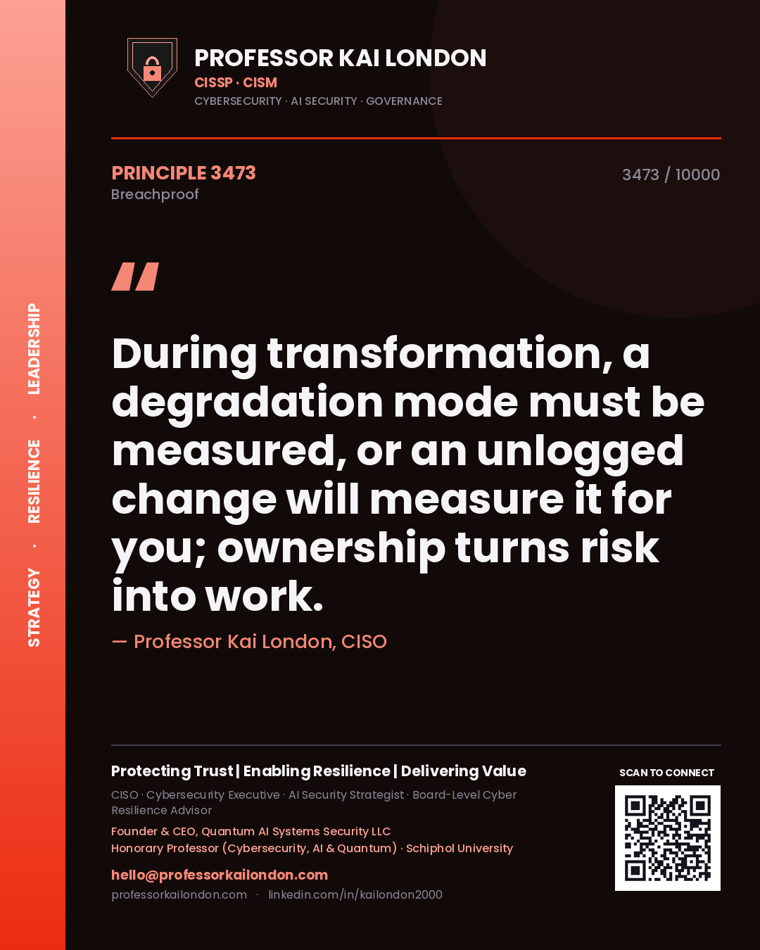 Professor Kai London principle 3473: During transformation, a degradation mode must be measured, or an unlogged change will measure it for you; ownership turns risk into work.
