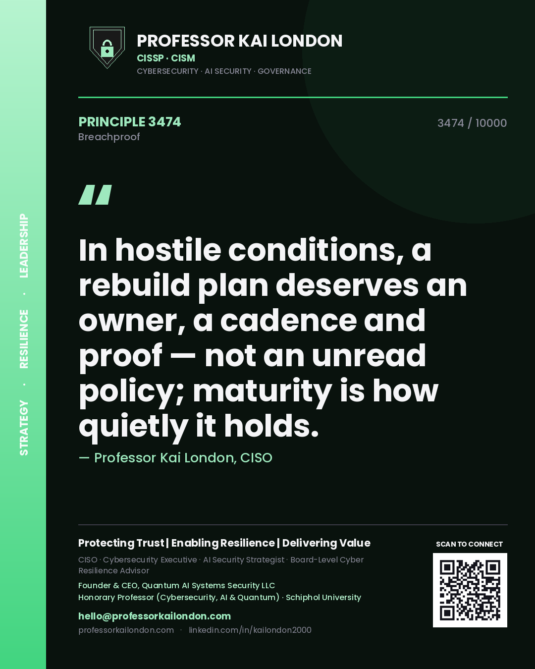 Professor Kai London principle 3474: In hostile conditions, a rebuild plan deserves an owner, a cadence and proof — not an unread policy; maturity is how quietly it holds.