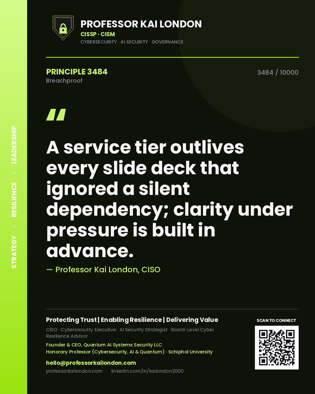 Quote card by Professor Kai London reading 'A service tier outlives every slide deck that ignored a silent dependency; clarity under pressure is built in advance.'. From the book Breachproof.