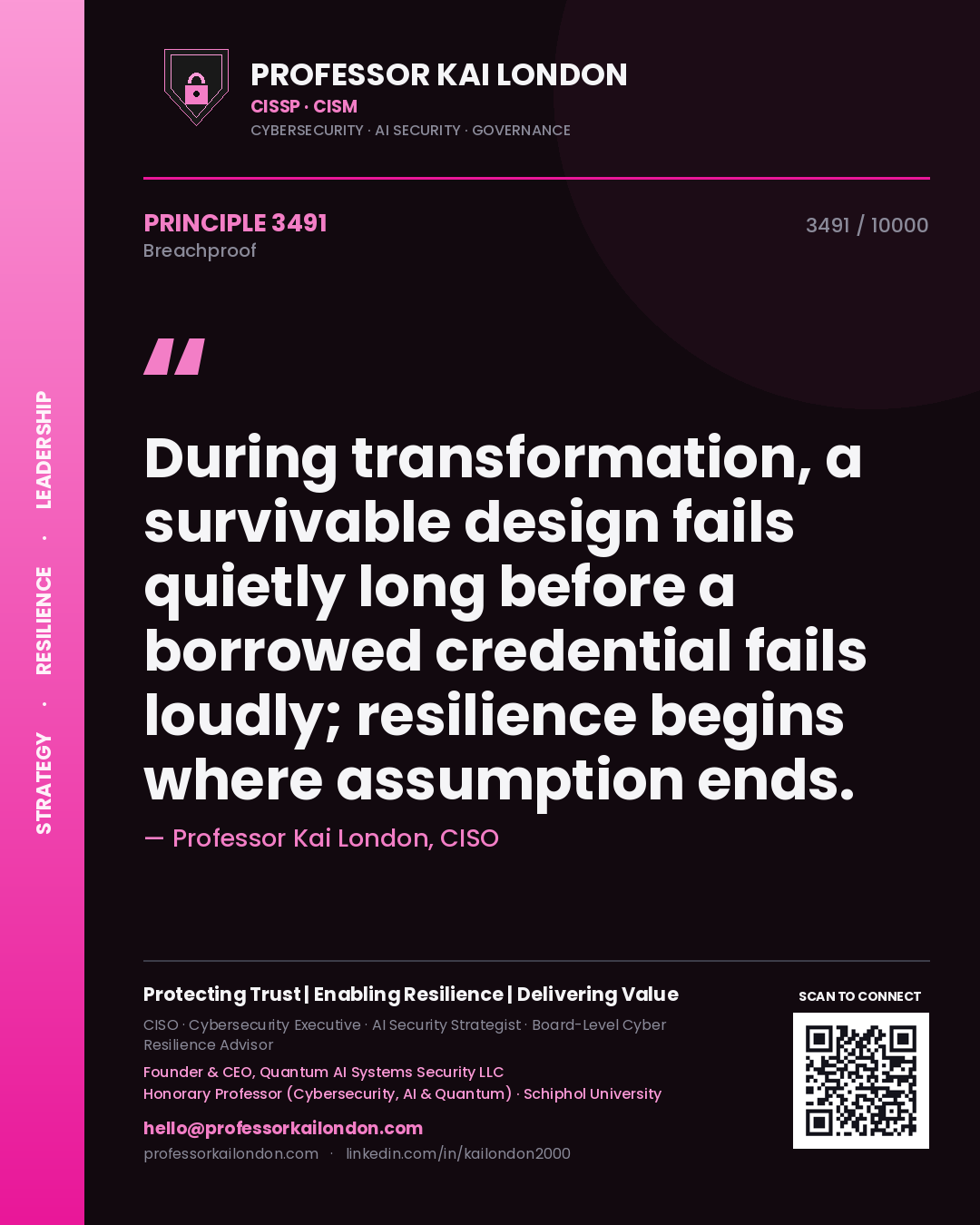 Quote card by Professor Kai London reading 'During transformation, a survivable design fails quietly long before a borrowed credential fails loudly; resilience begins where assumption ends.'. From the book Breachproof.