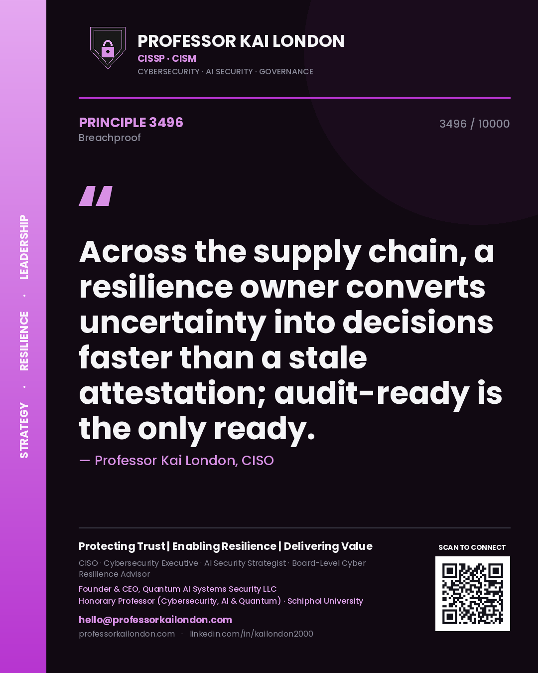 Professor Kai London principle 3496: Across the supply chain, a resilience owner converts uncertainty into decisions faster than a stale attestation; audit-ready is the only ready.