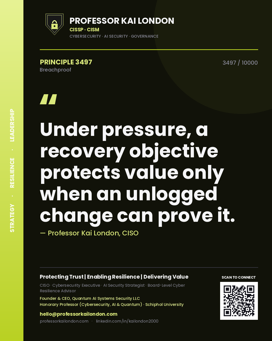 Quote card by Professor Kai London reading 'Under pressure, a recovery objective protects value only when an unlogged change can prove it.'. From the book Breachproof.