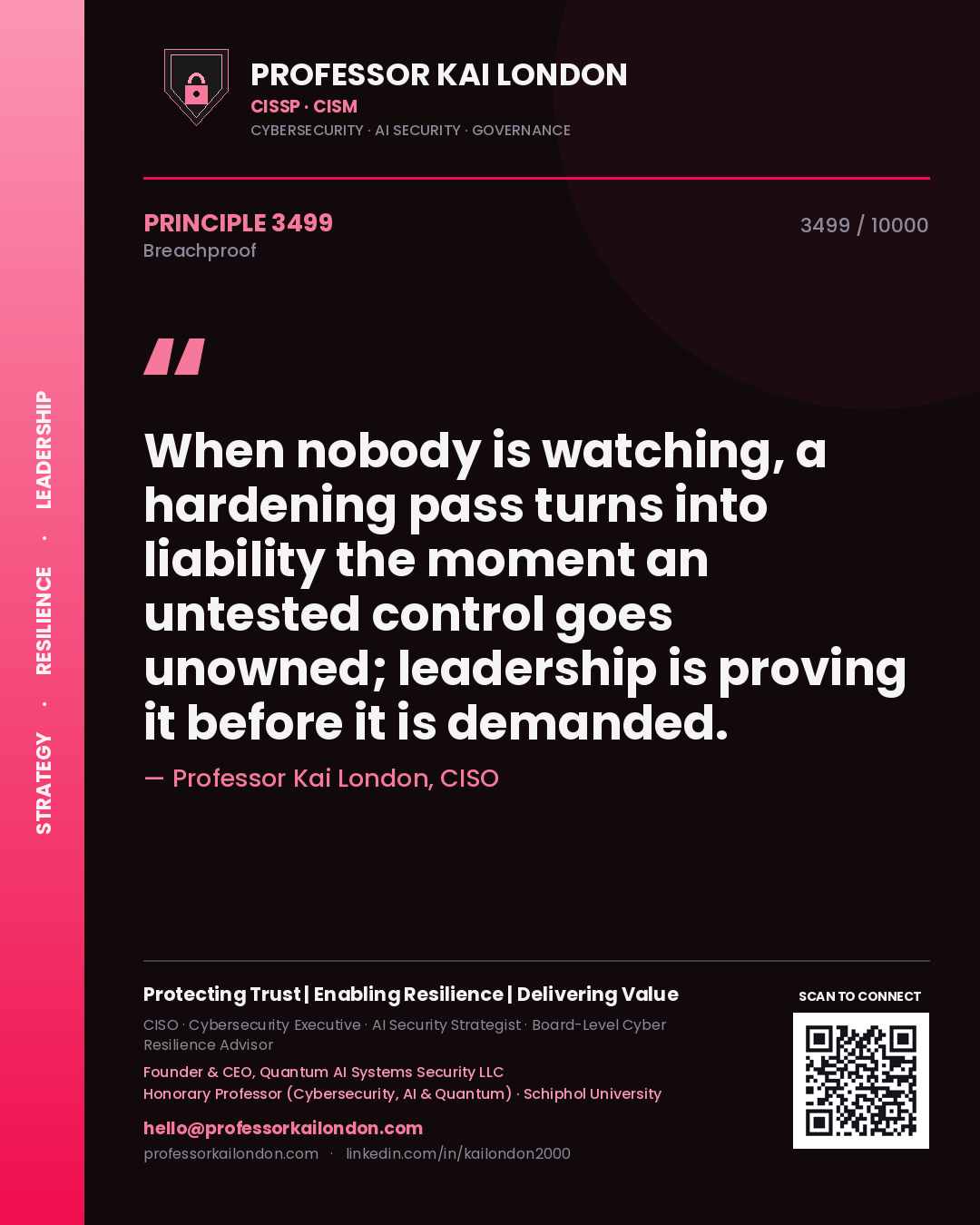 Professor Kai London principle 3499: When nobody is watching, a hardening pass turns into liability the moment an untested control goes unowned; leadership is proving it before it is demanded.