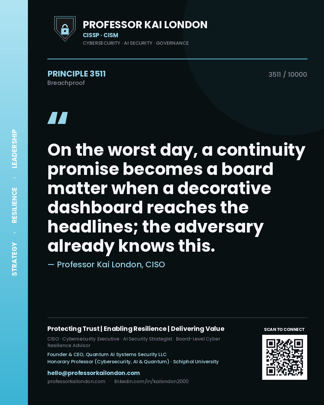 Quote card by Professor Kai London reading 'On the worst day, a continuity promise becomes a board matter when a decorative dashboard reaches the headlines; the adversary already knows this.'. From the book Breachproof.
