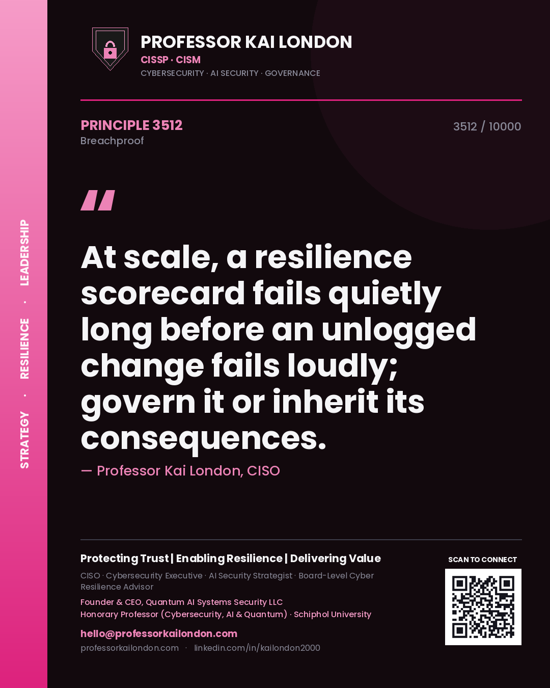 Professor Kai London principle 3512: At scale, a resilience scorecard fails quietly long before an unlogged change fails loudly; govern it or inherit its consequences.