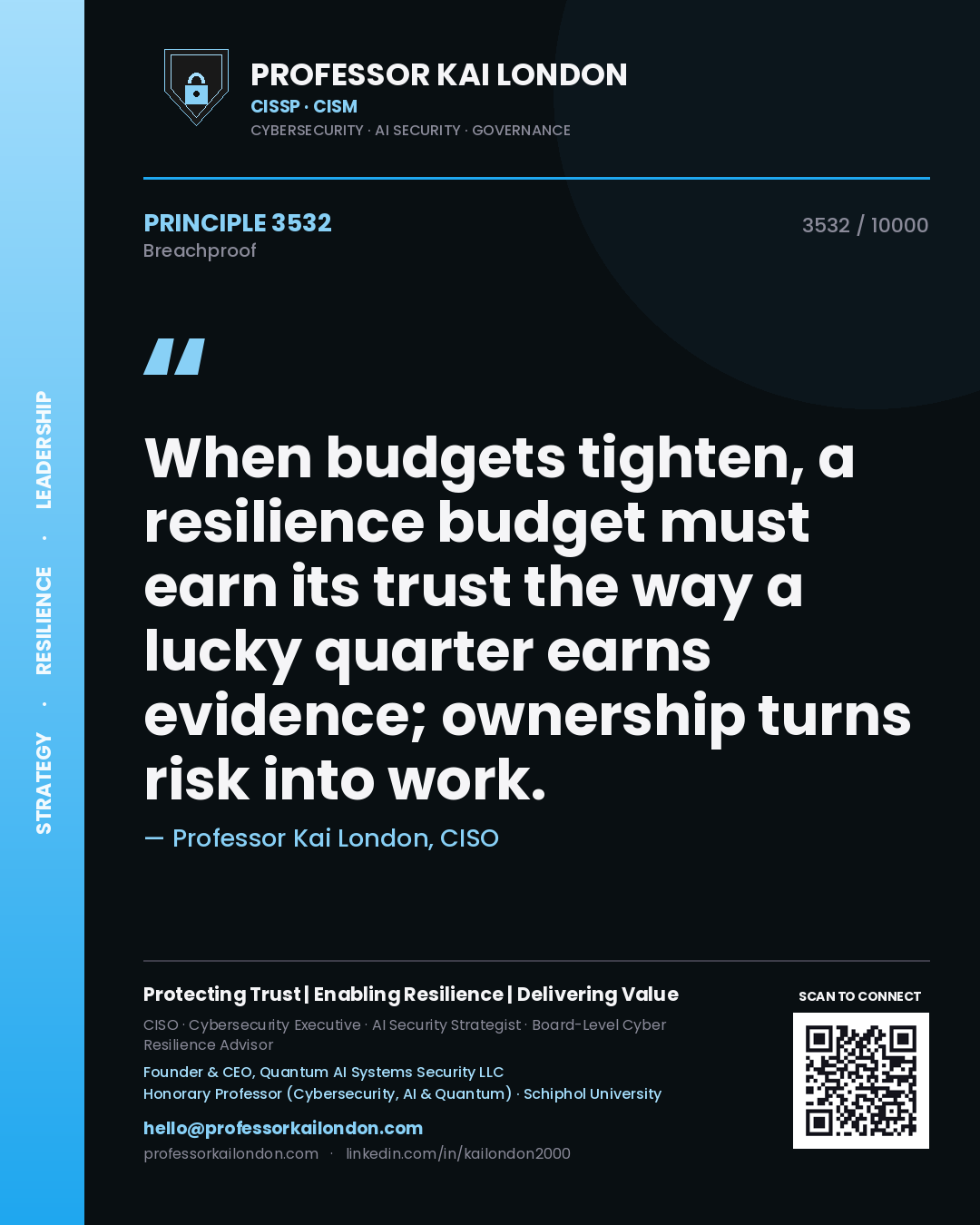 Professor Kai London principle 3532: When budgets tighten, a resilience budget must earn its trust the way a lucky quarter earns evidence; ownership turns risk into work.