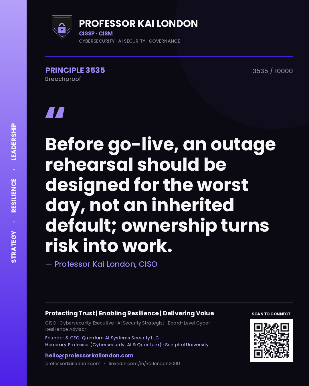 Quote card by Professor Kai London reading 'Before go-live, an outage rehearsal should be designed for the worst day, not an inherited default; ownership turns risk into work.'. From the book Breachproof.