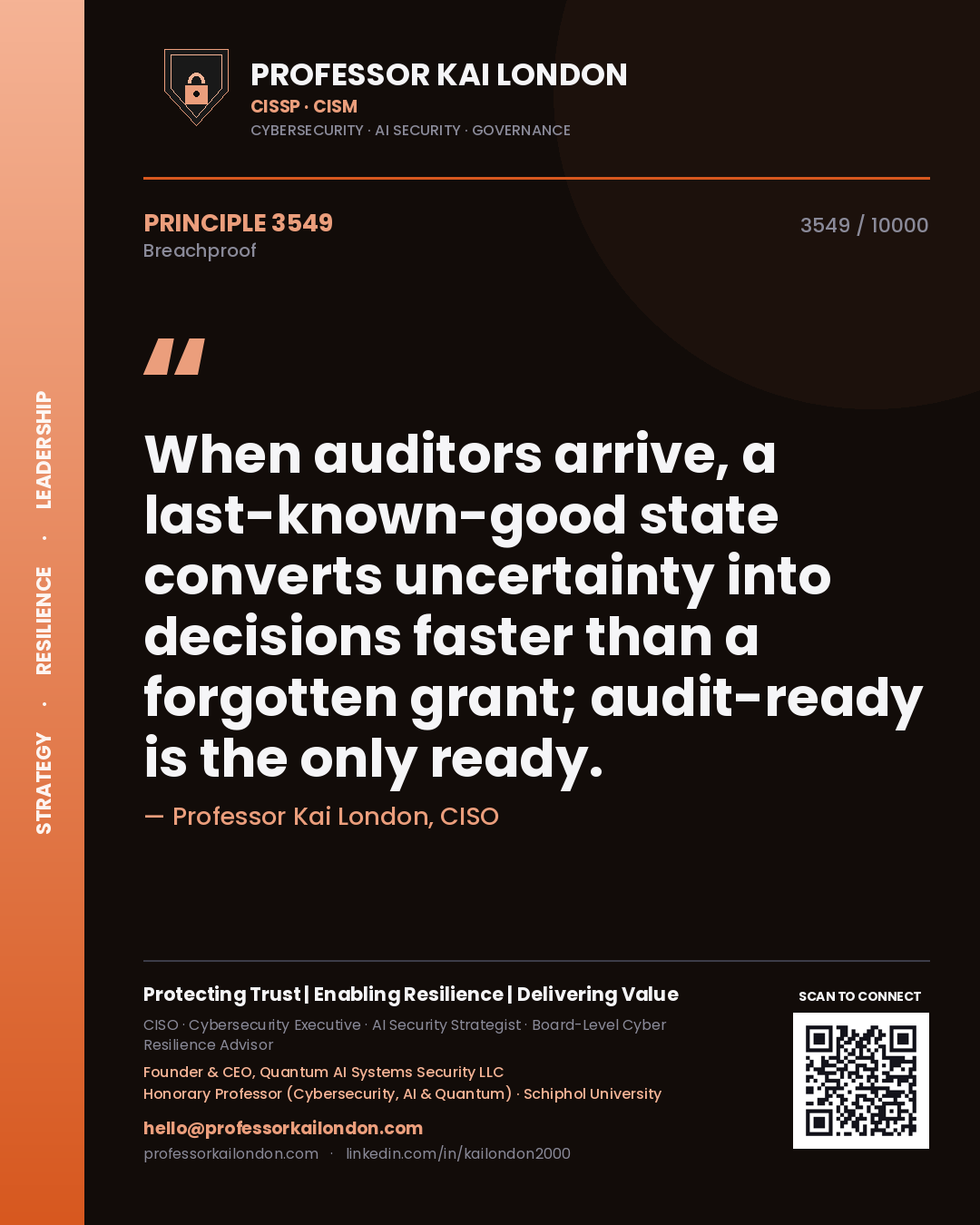 Quote card by Professor Kai London reading 'When auditors arrive, a last-known-good state converts uncertainty into decisions faster than a forgotten grant; audit-ready is the only ready.'. From the book Breachproof.