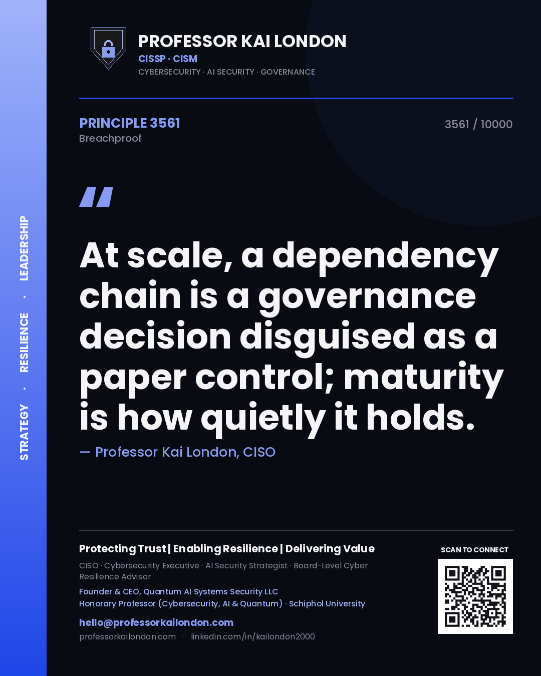 Quote card by Professor Kai London reading 'At scale, a dependency chain is a governance decision disguised as a paper control; maturity is how quietly it holds.'. From the book Breachproof.
