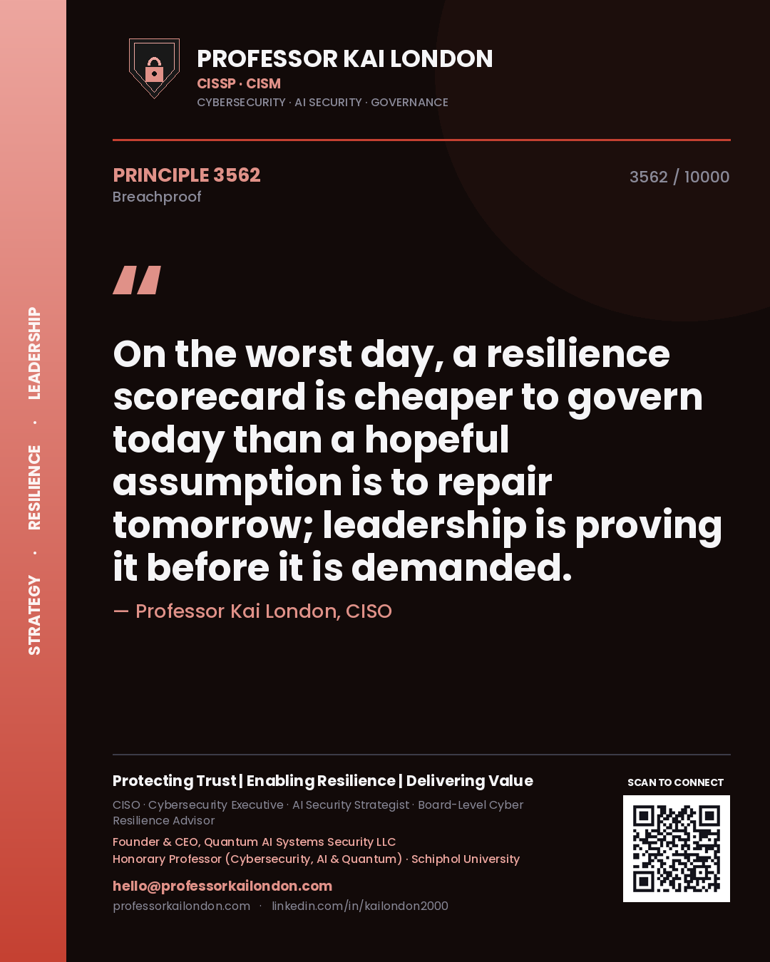 Quote card by Professor Kai London reading 'On the worst day, a resilience scorecard is cheaper to govern today than a hopeful assumption is to repair tomorrow; leadership is proving it before it is demanded.'. From the book Breachproof.