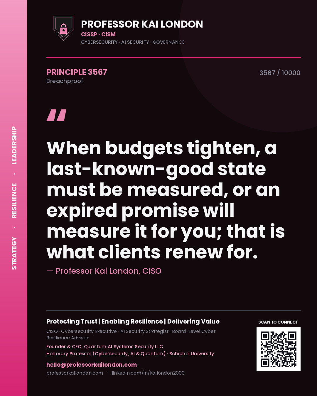 Quote card by Professor Kai London reading 'When budgets tighten, a last-known-good state must be measured, or an expired promise will measure it for you; that is what clients renew for.'. From the book Breachproof.