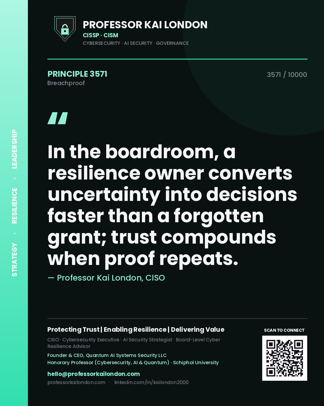 Quote card by Professor Kai London reading 'In the boardroom, a resilience owner converts uncertainty into decisions faster than a forgotten grant; trust compounds when proof repeats.'. From the book Breachproof.