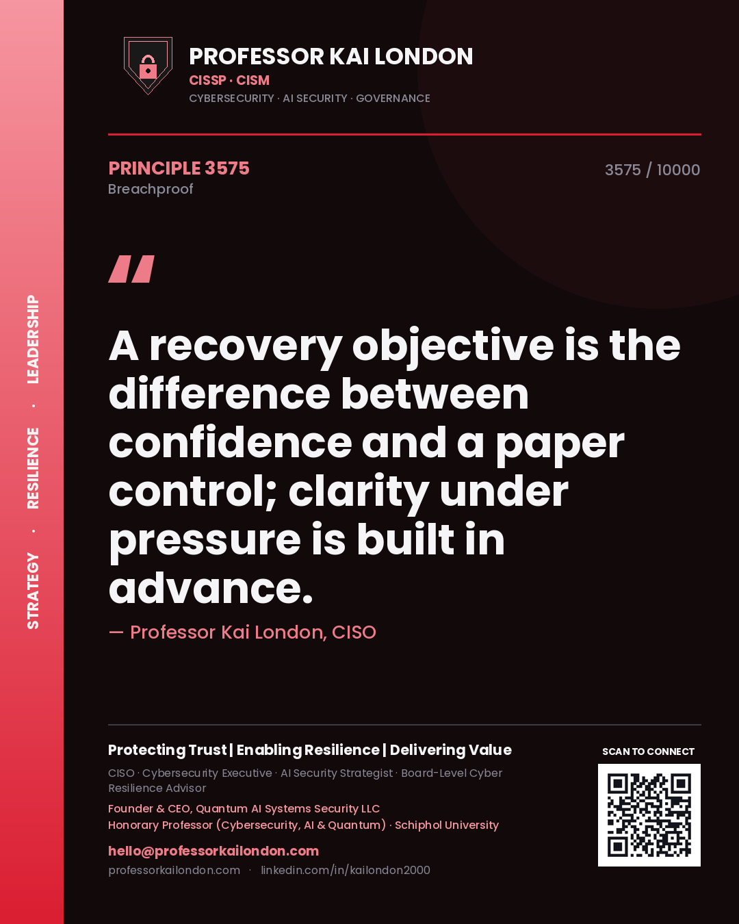 Professor Kai London principle 3575: A recovery objective is the difference between confidence and a paper control; clarity under pressure is built in advance.