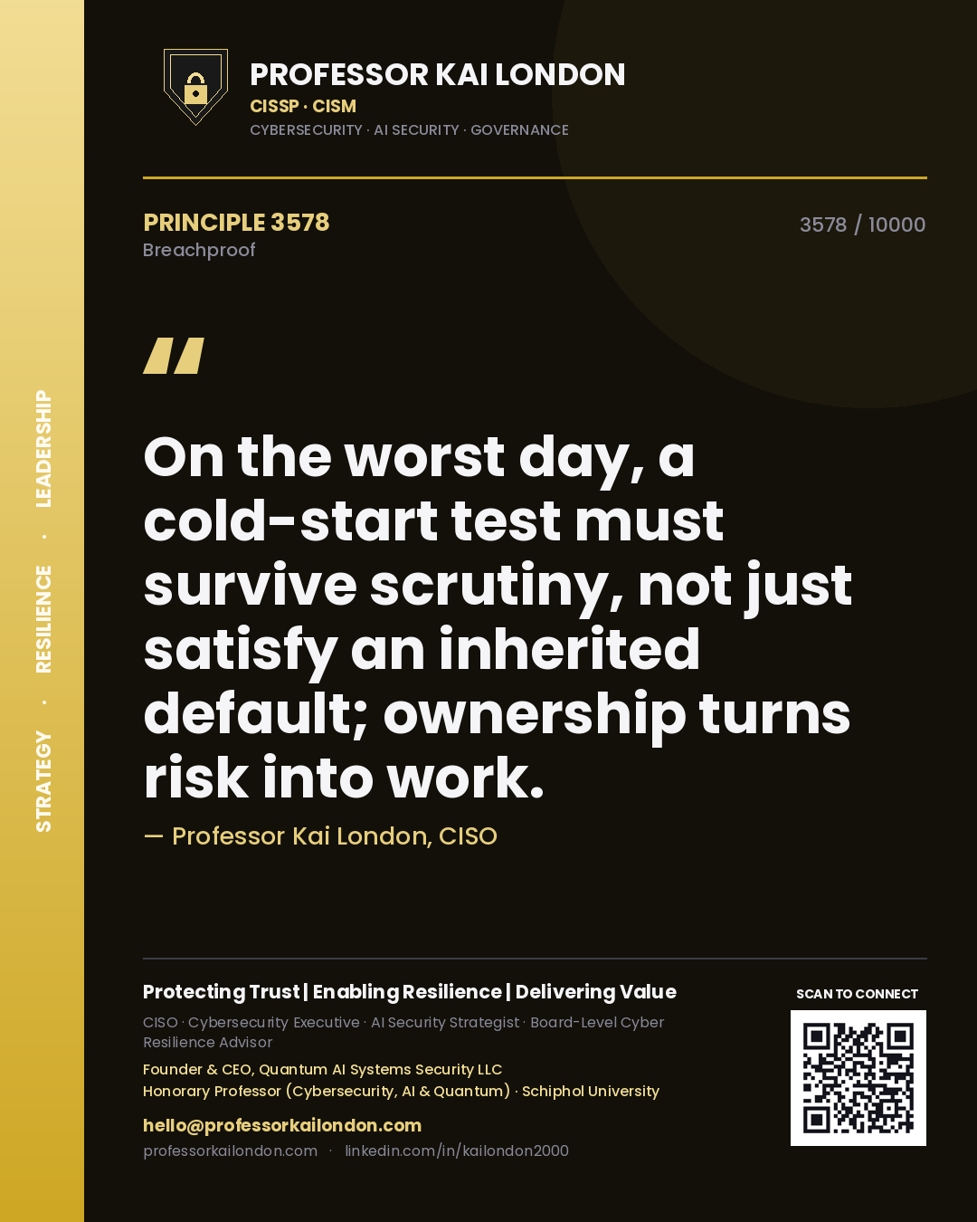 Quote card by Professor Kai London reading 'On the worst day, a cold-start test must survive scrutiny, not just satisfy an inherited default; ownership turns risk into work.'. From the book Breachproof.