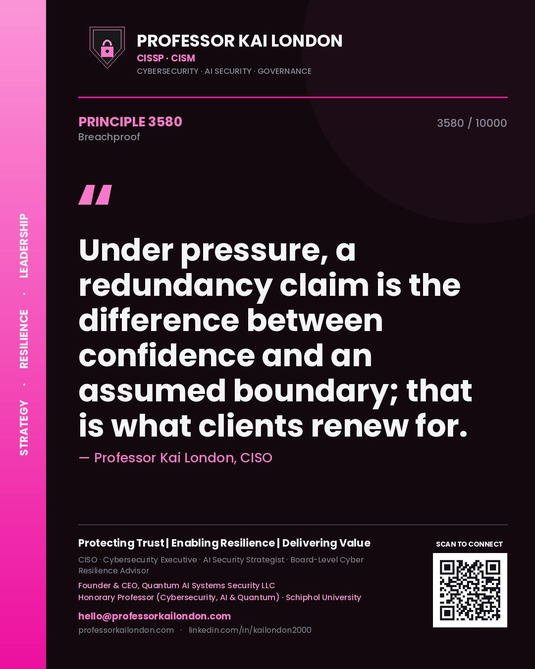 Professor Kai London principle 3580: Under pressure, a redundancy claim is the difference between confidence and an assumed boundary; that is what clients renew for.
